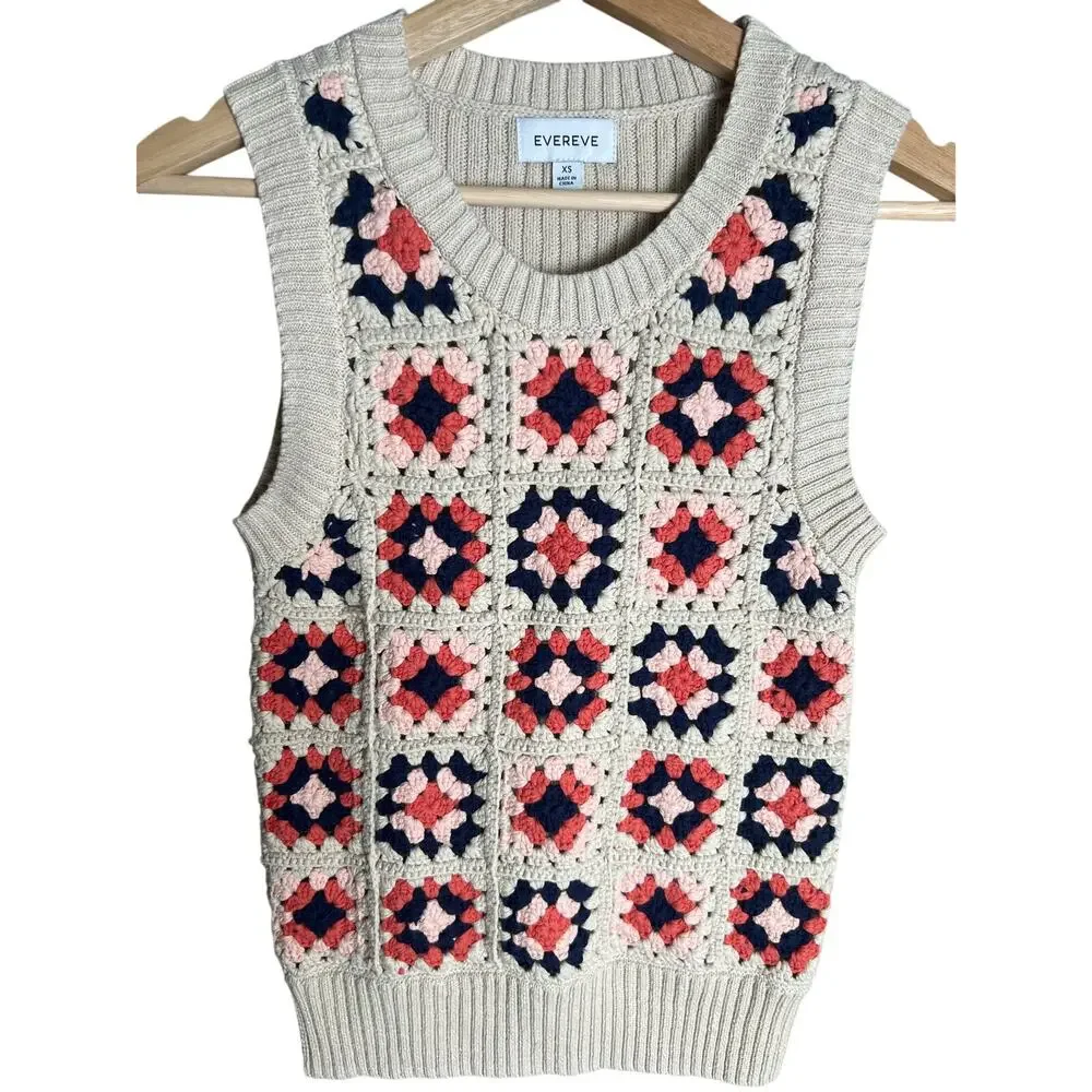 Evereve XS Vest Knit Patterned 100% Cotton Tia Crochet